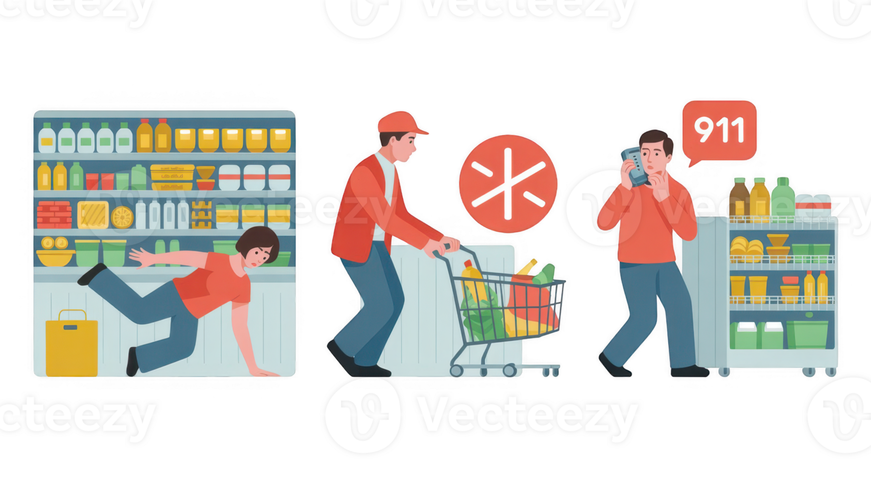 Customer falling on wet floor, man pushing shopping cart and calling 911 png