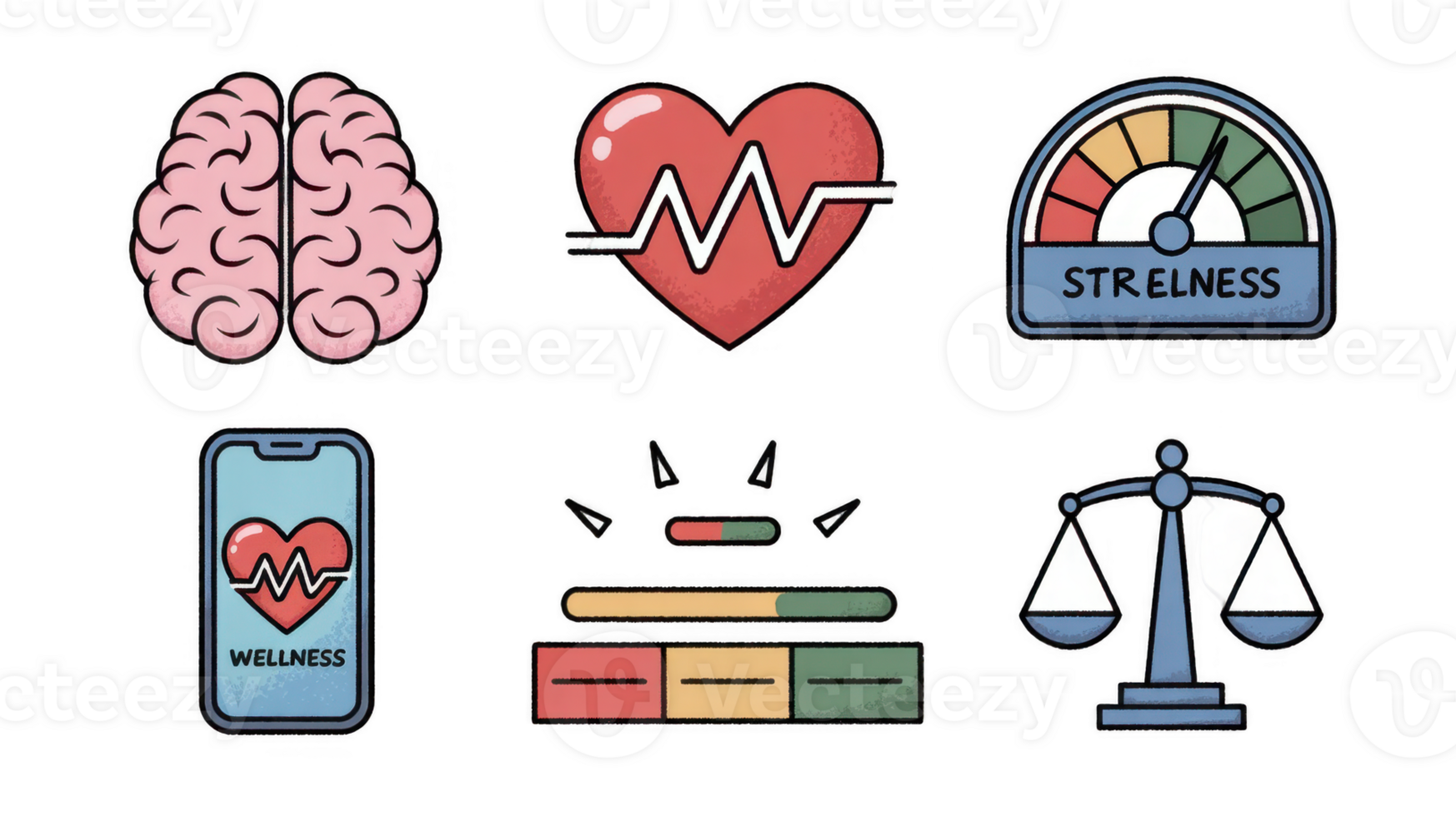 Mental health, wellness and stress management icons showing balance, heartbeat and brain functioning png