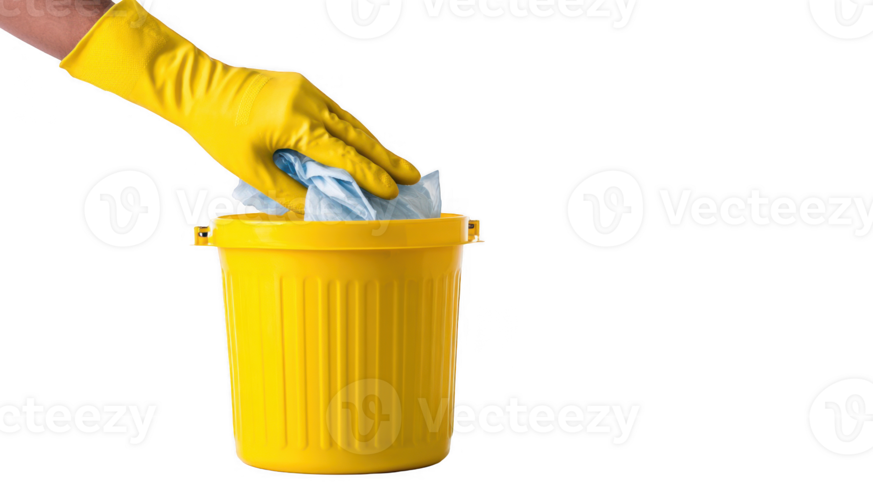 Hand with yellow glove throwing cloth in yellow trash bin on transparent background png