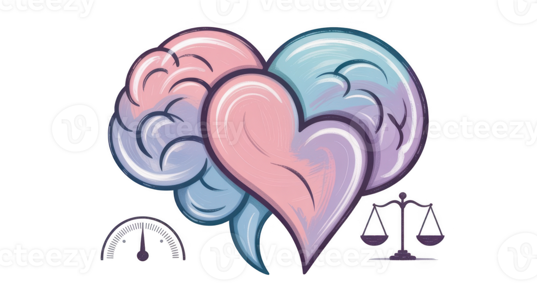 Brain creating a heart shape with emotional intelligence, logic and justice on transparent background png
