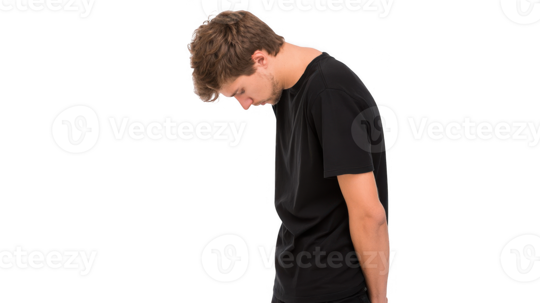 Young man hanging head low with bad posture on transparent background png