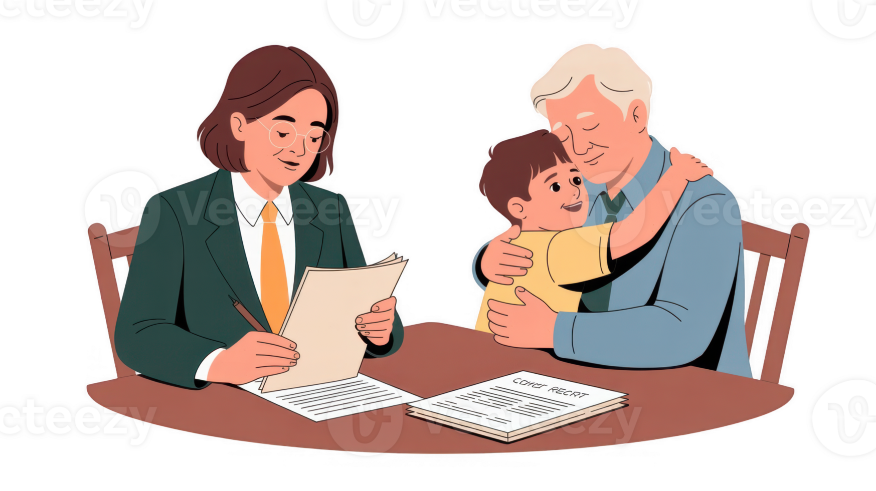 Lawyer helping grandfather and grandson with custody agreement on transparent background png