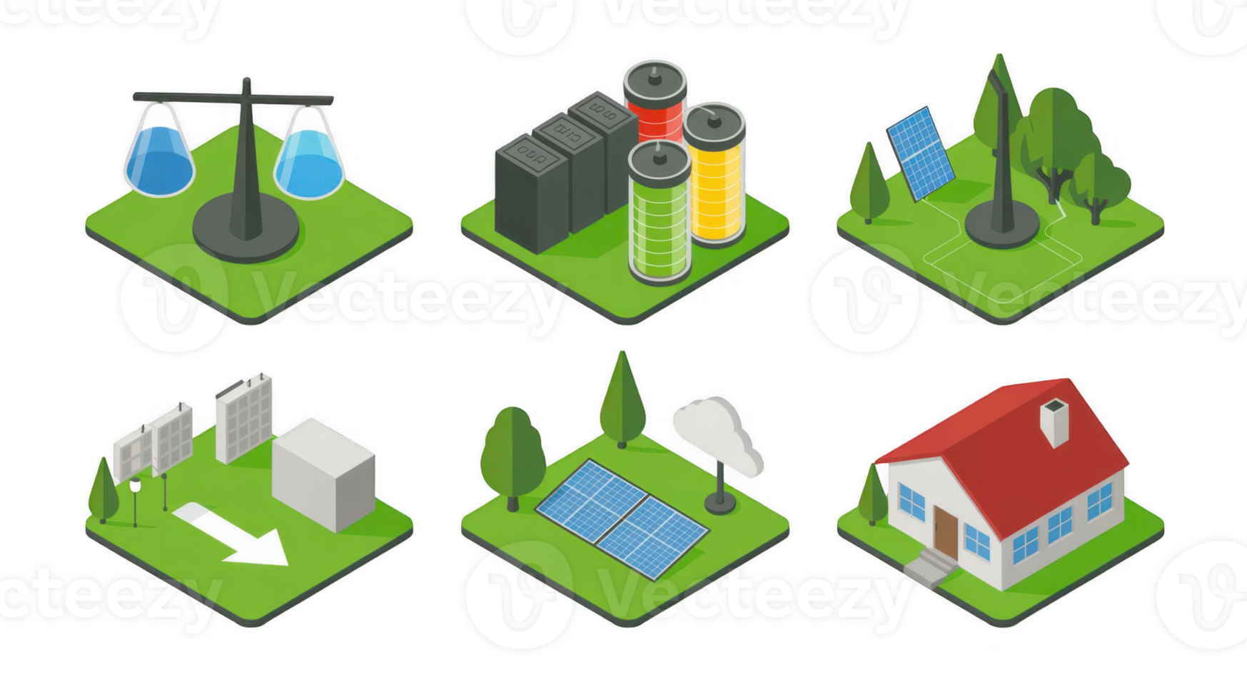 Isometric green energy icons showing sustainability and renewable resources png