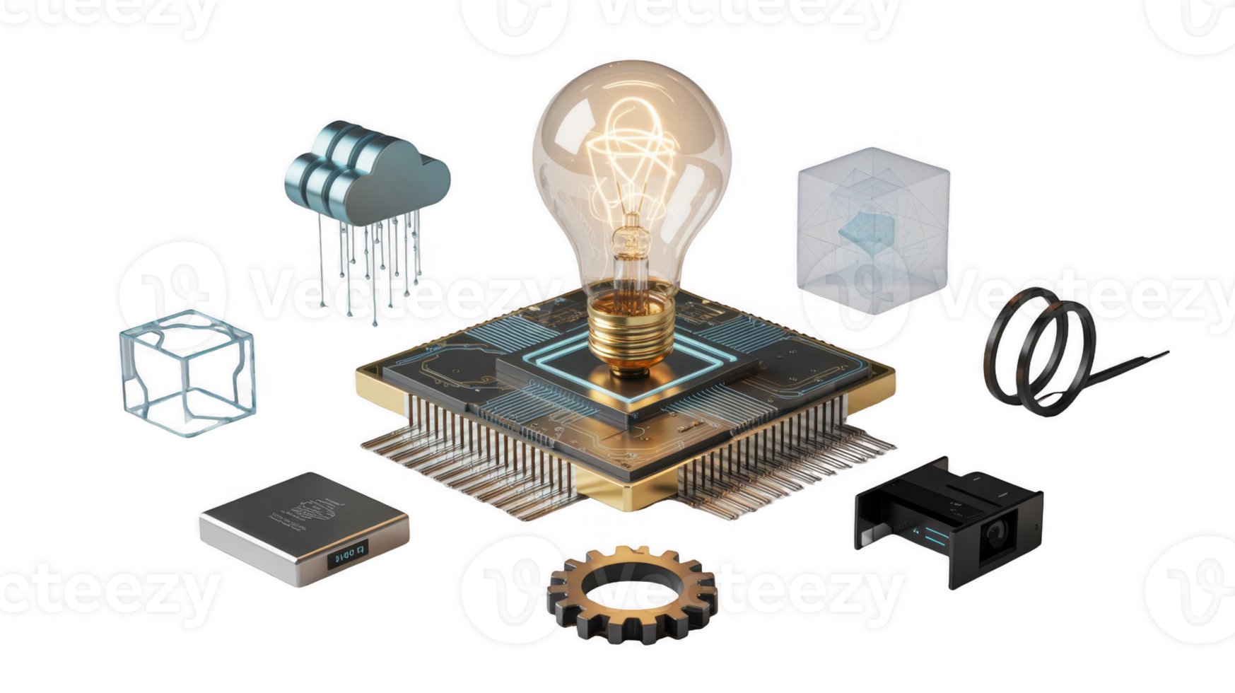 Light bulb standing on microchip with cloud computing and gears on transparent background png