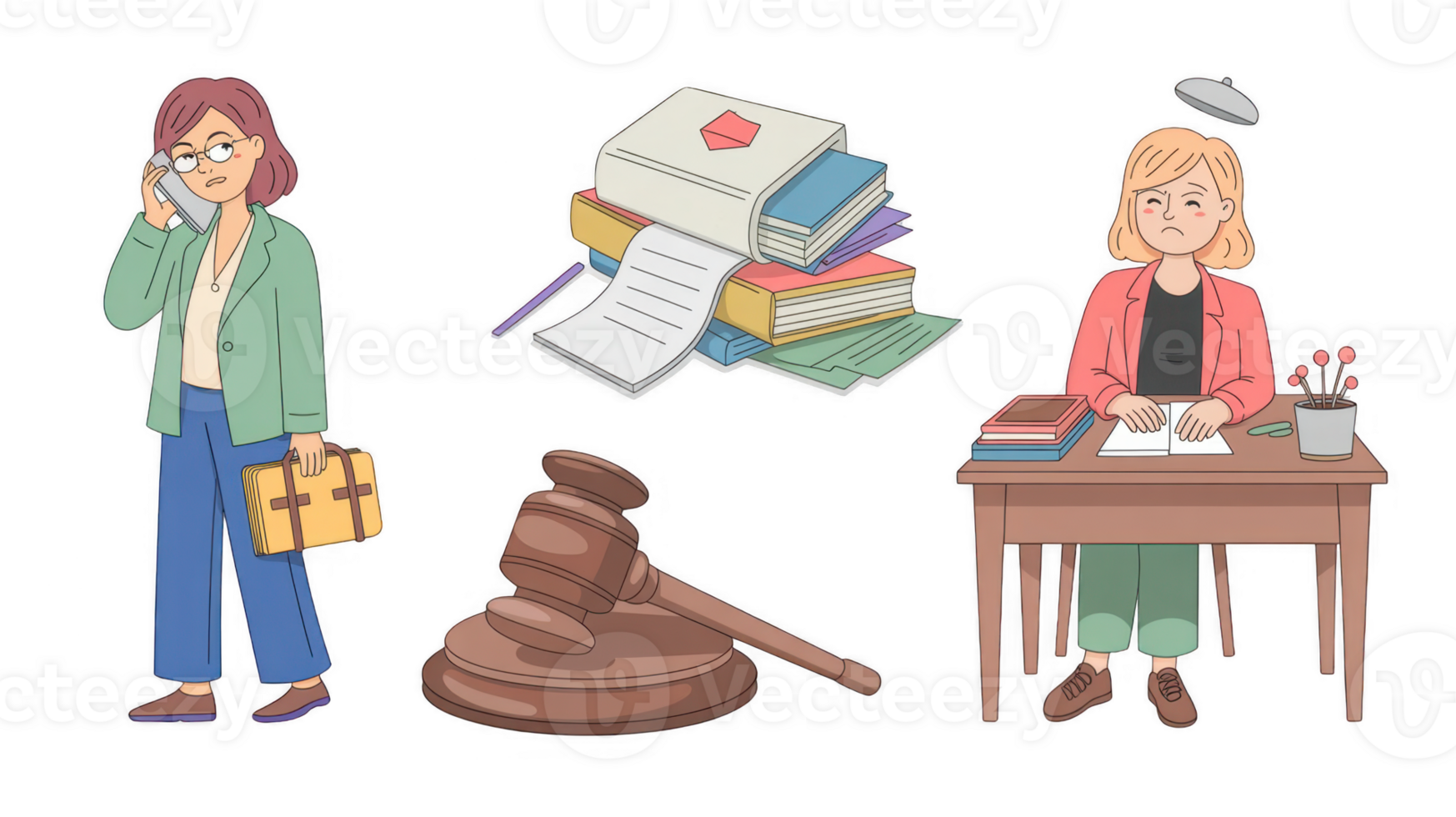 Lawyer talking on phone, gavel, documents and stressed clerk with transparent background png