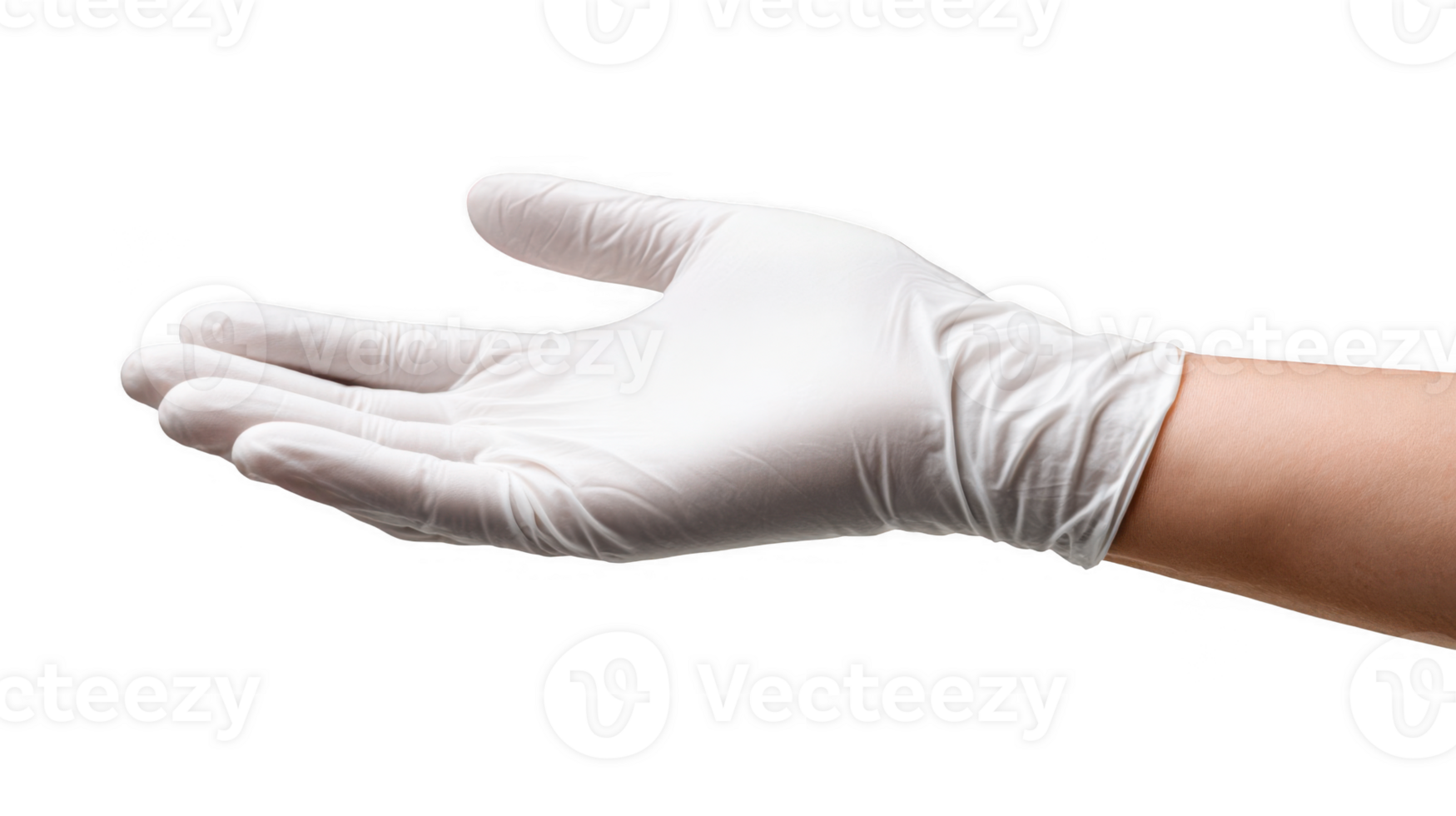 Doctor wearing surgical glove showing open hand palm up on transparent background png