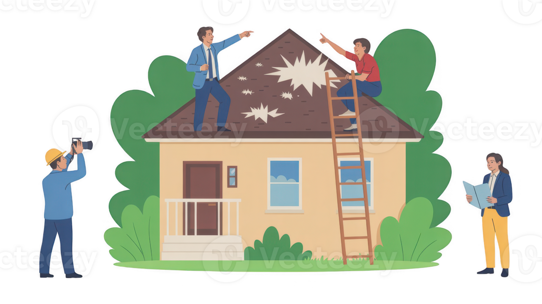 Insurance agent and roofer evaluating hail damage on house roof with engineer and architect discussing on transparent background png