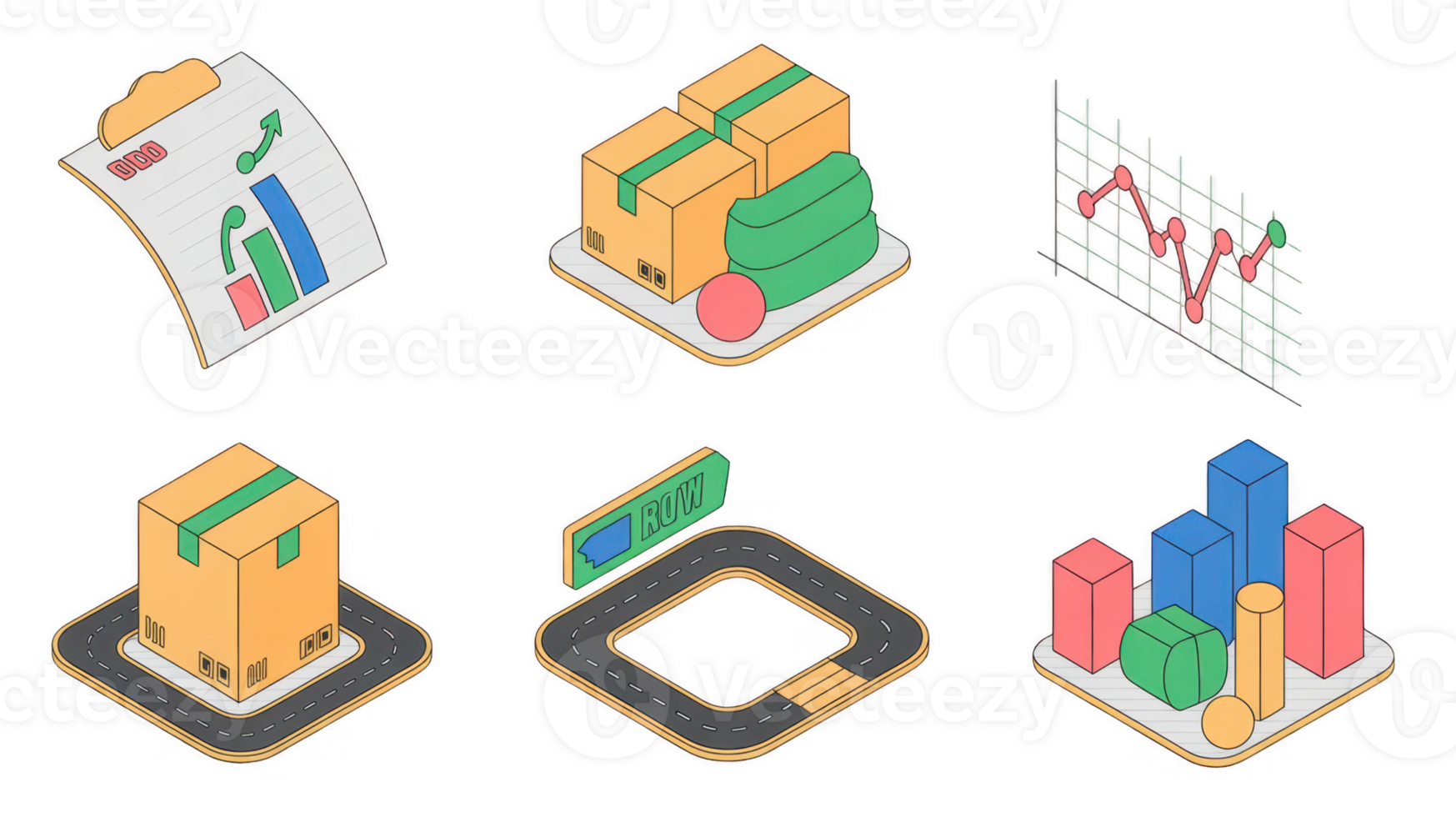 Isometric logistics and delivery icons representing business processes with transparent background png