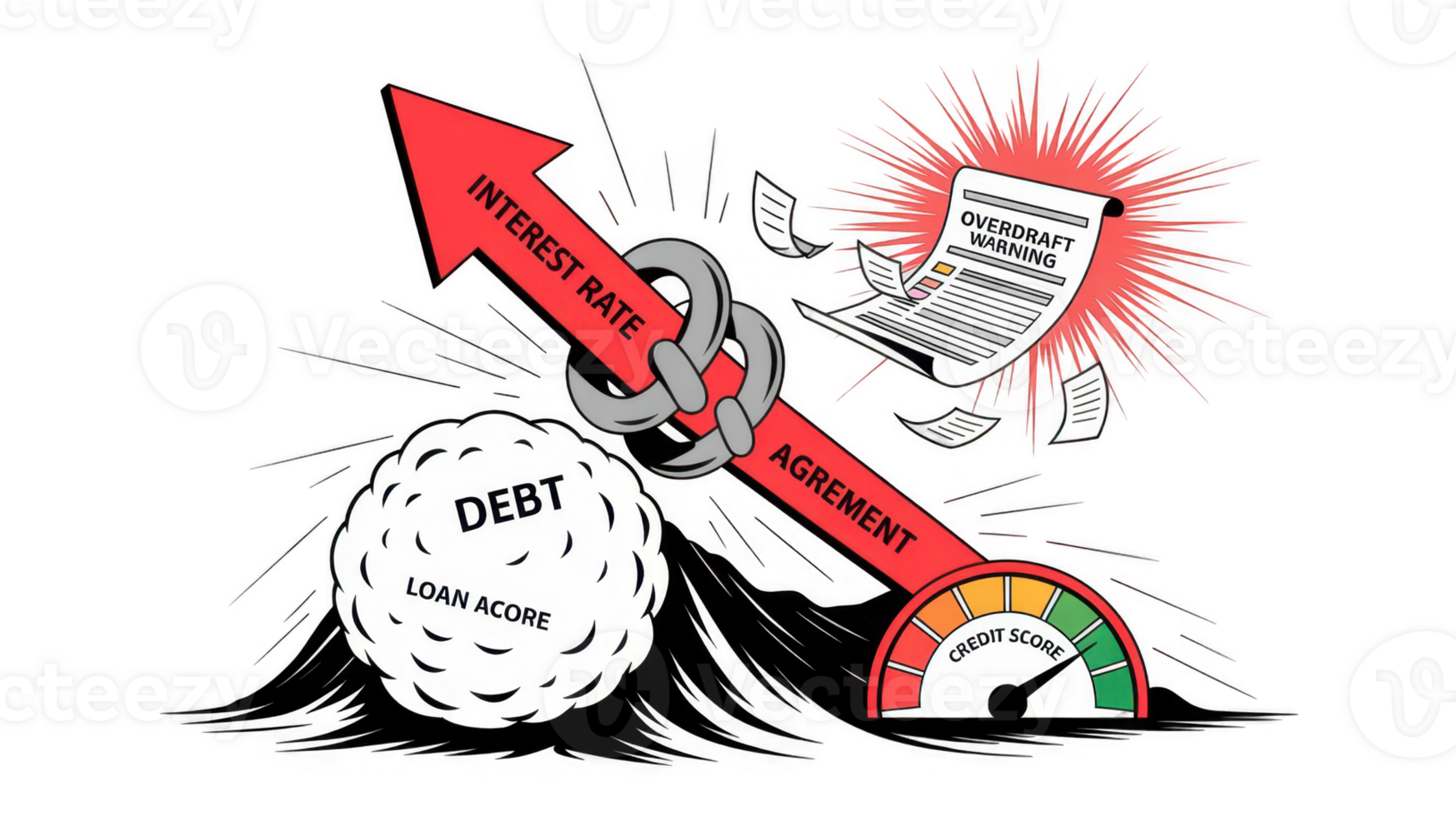 Interest rate and loan agreement crushing debt and lowering credit score with overdraft warning png