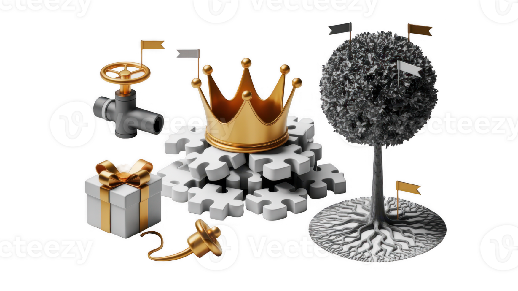 Golden crown resting on puzzle pieces with gift, valve, and tree on transparent background png