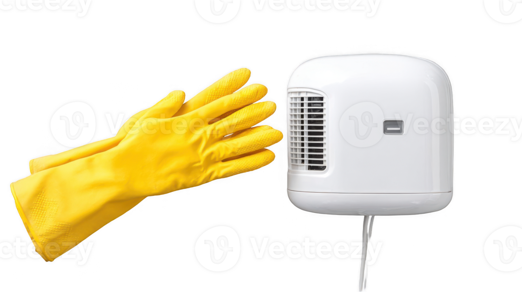 Yellow gloved hands drying using wall mounted hand dryer with transparent background png