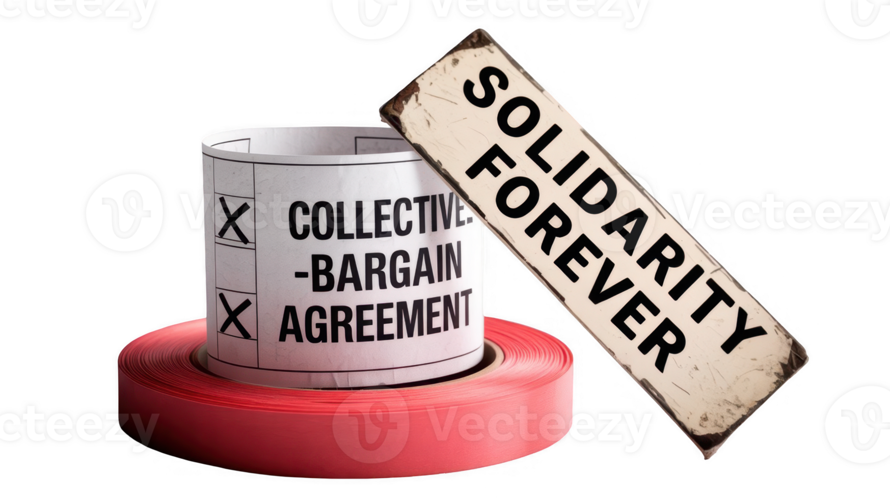 Solidarity forever sign leaning on collective bargain agreement scroll with transparent background png