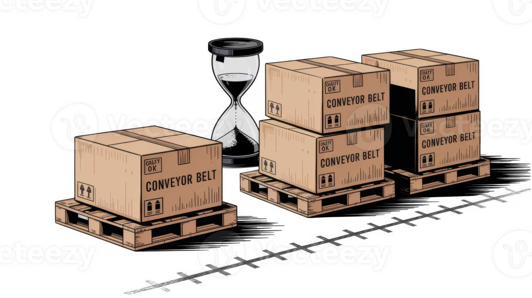 Cardboard boxes on wooden pallets with hourglass measuring time on transparent background png