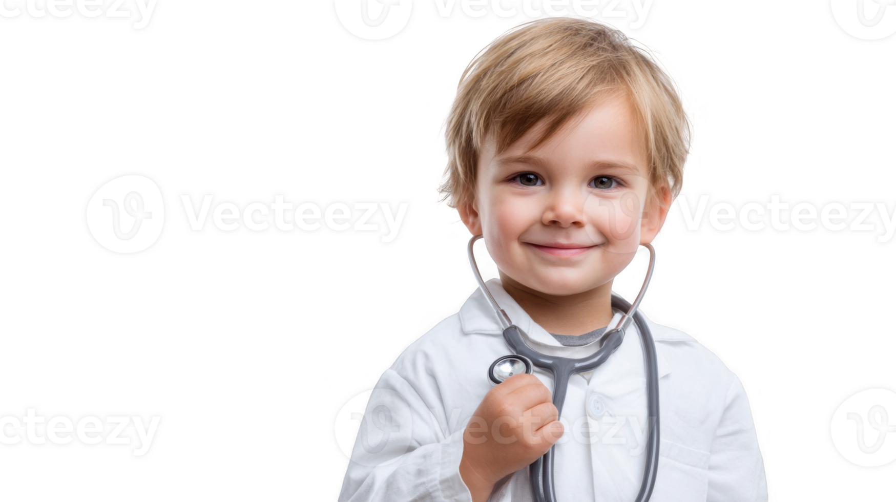 Smiling child playing doctor with stethoscope on transparent background png