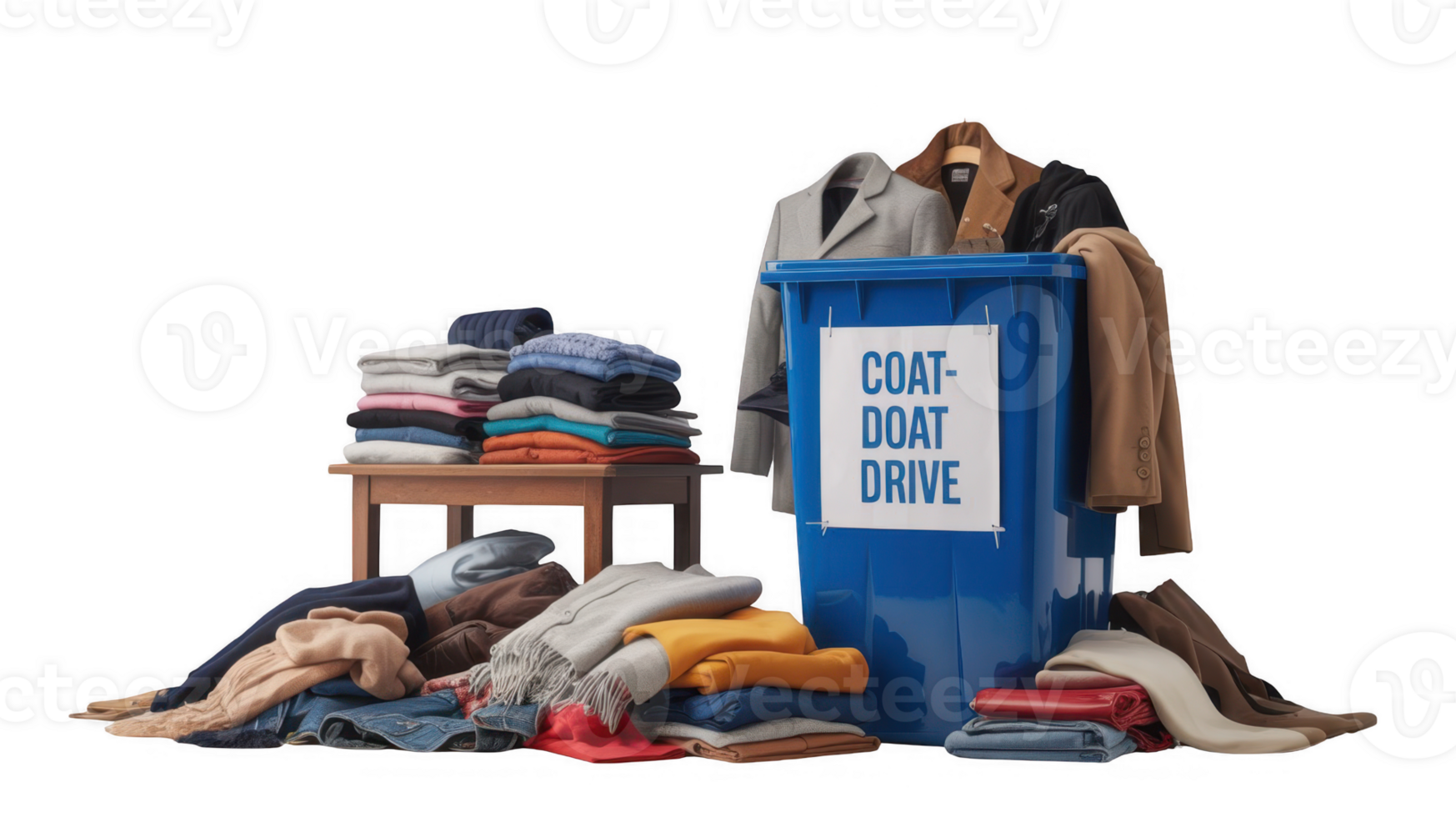 Clothes donation box with pile of folded and messy clothes on transparent background png