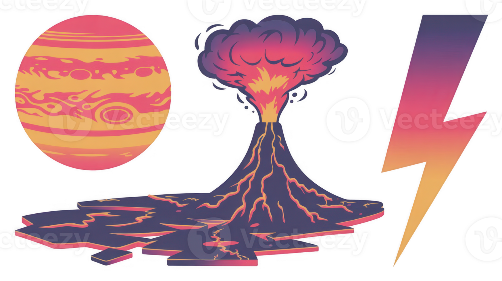 Jupiter, volcano erupting and lightning bolt on transparent background png