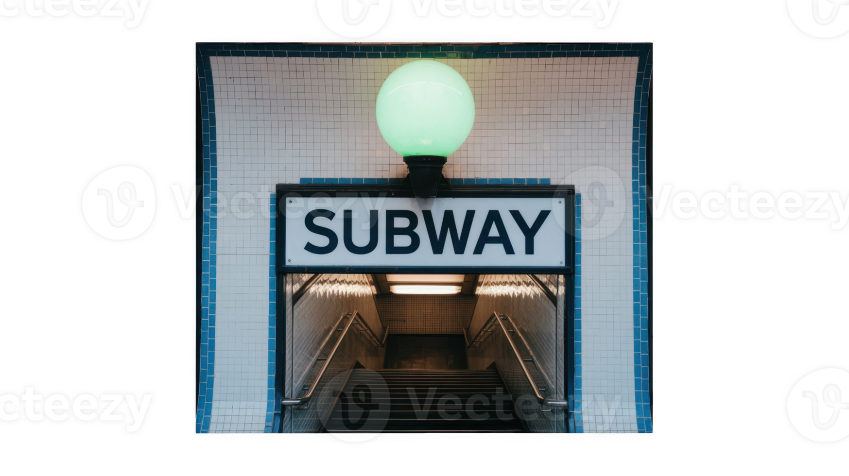 Subway entrance with green light and stairs leading down in new york city on transparent background png