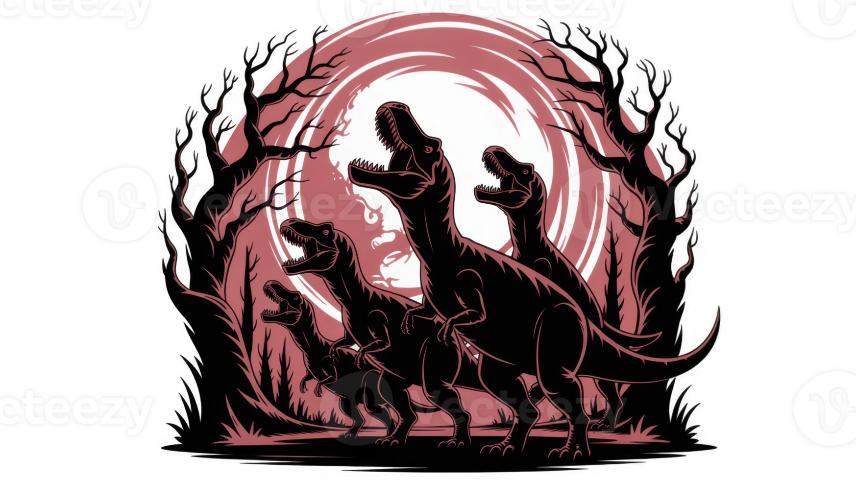 Tyrannosaurus rex dinosaurs roaring in front of big red moon and dry trees with transparent background png