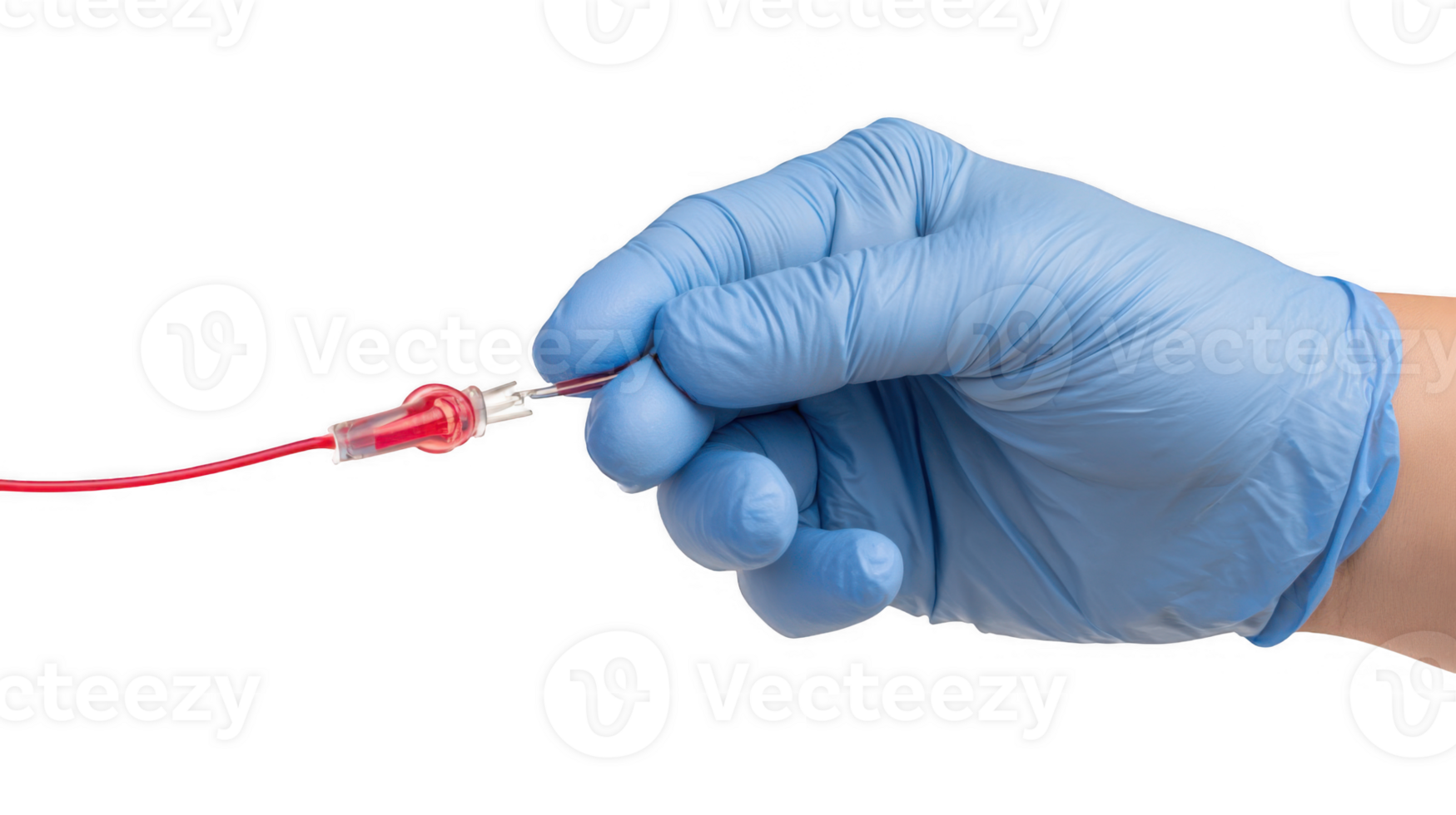 Doctor hand holding feeding tube with blood on transparent background png