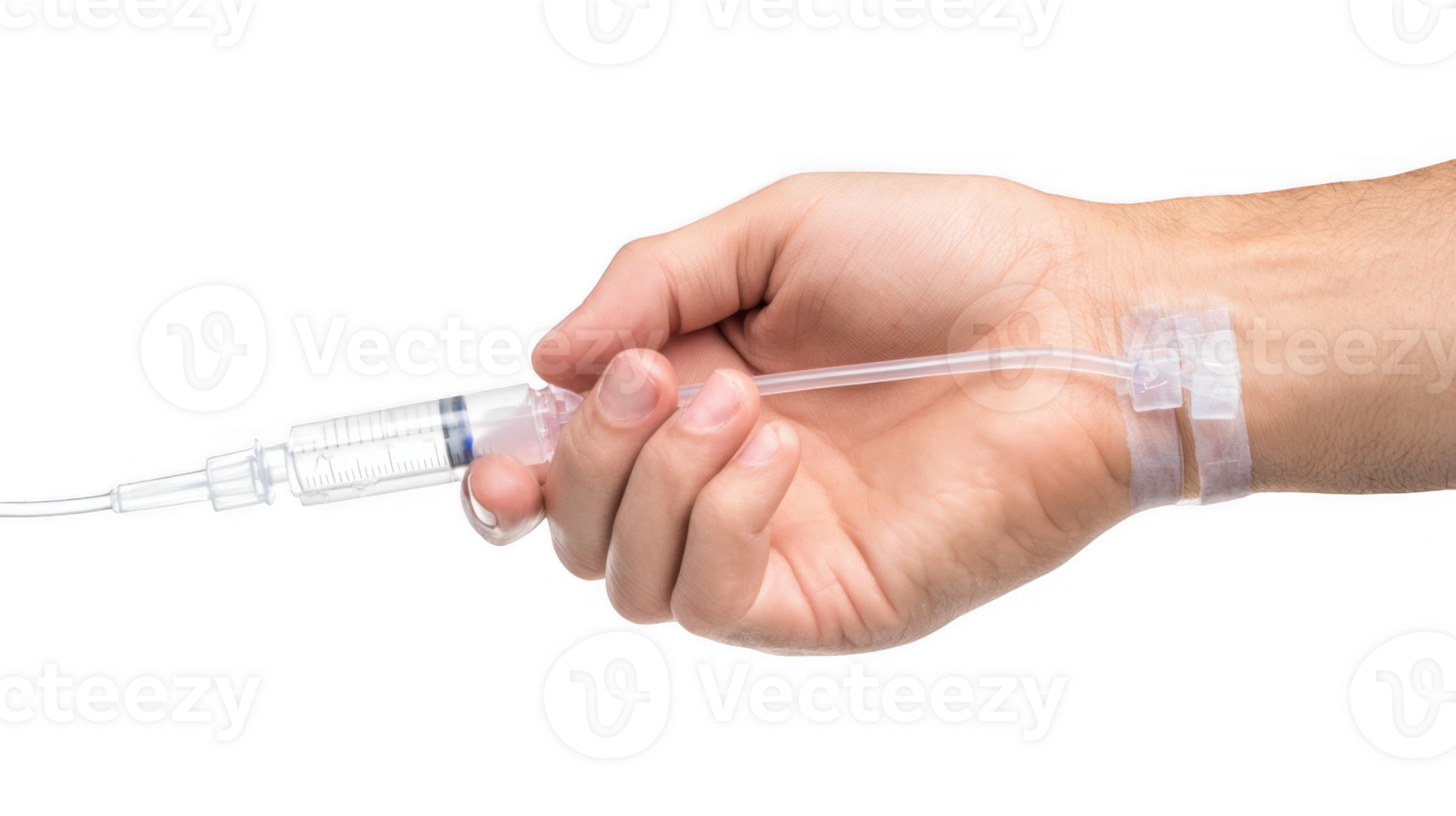 Patient hand connecting iv tube with transparent background png