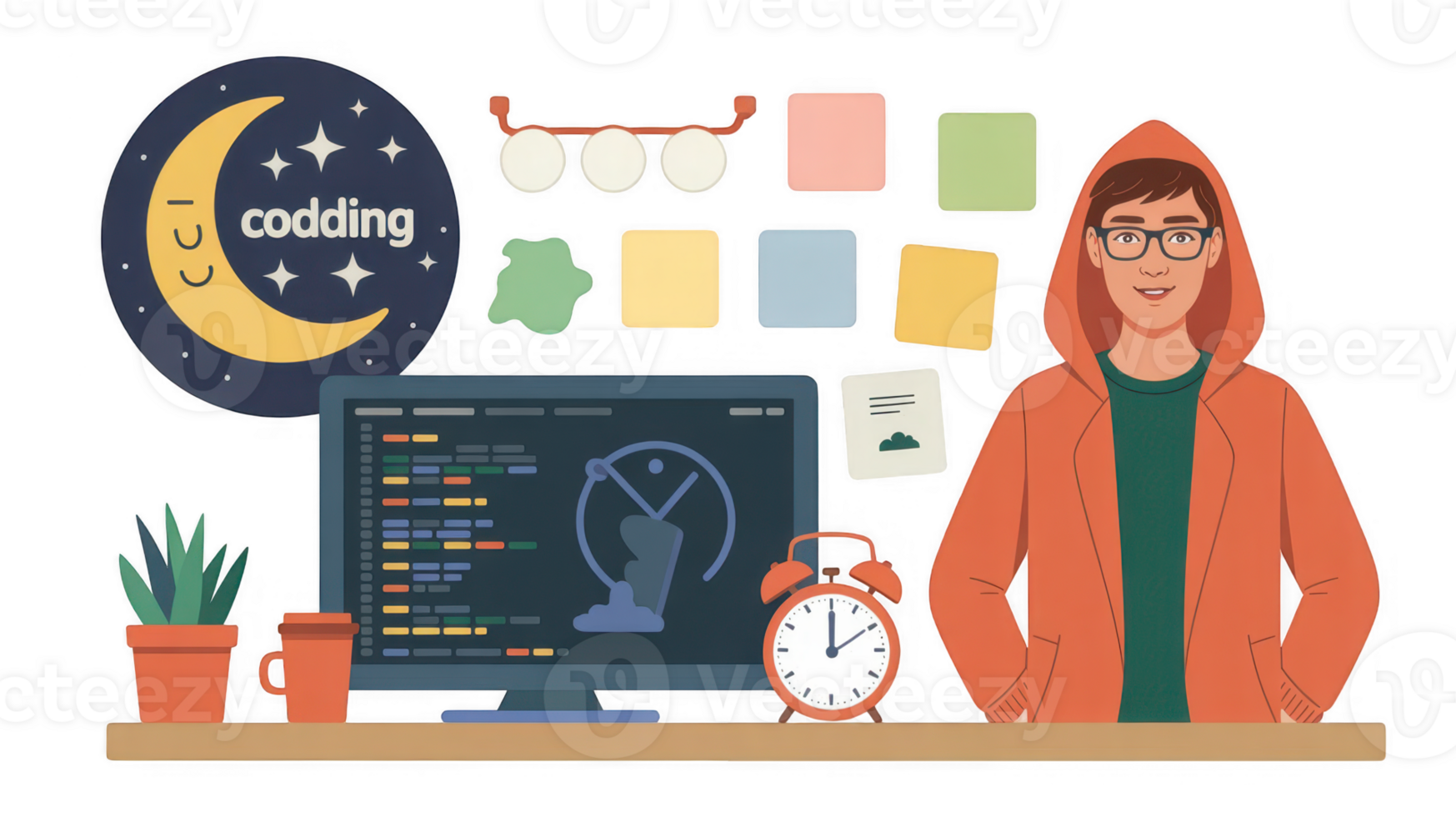 Programmer working late at night coding on transparent background png