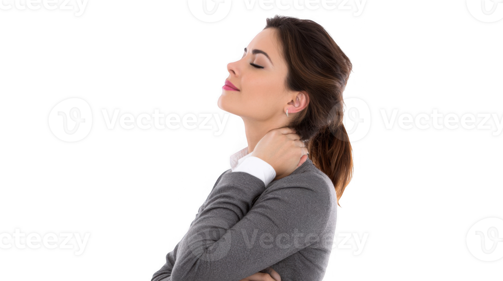 Businesswoman relaxing and massaging neck on transparent background png