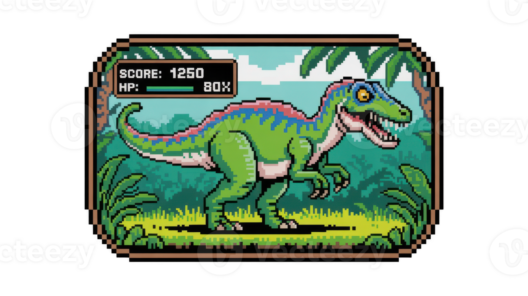 Pixel art dinosaur roaring in jungle videogame interface with transparent background png
