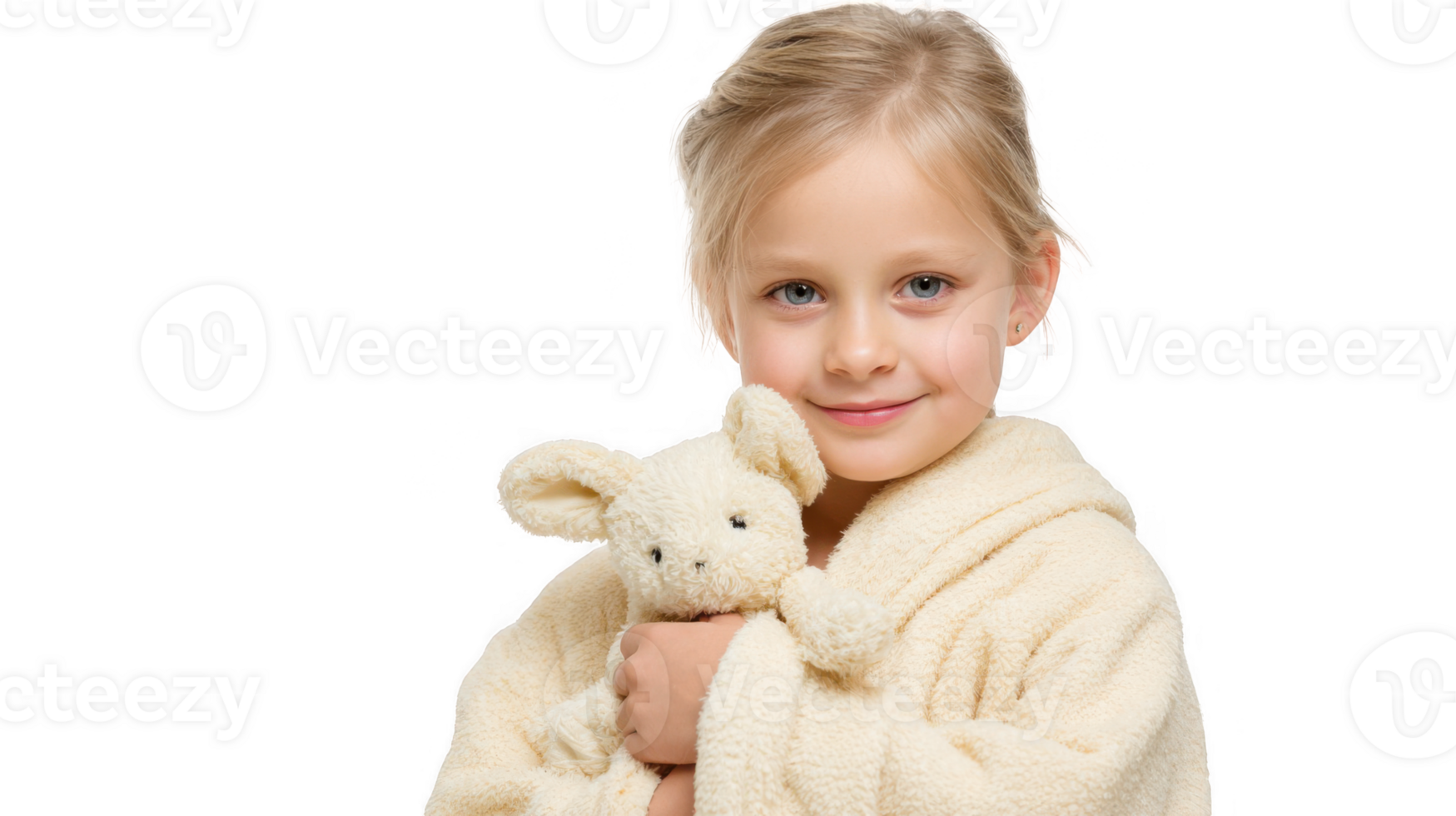 Smiling girl hugging teddy bear wearing bathrobe on transparent background png