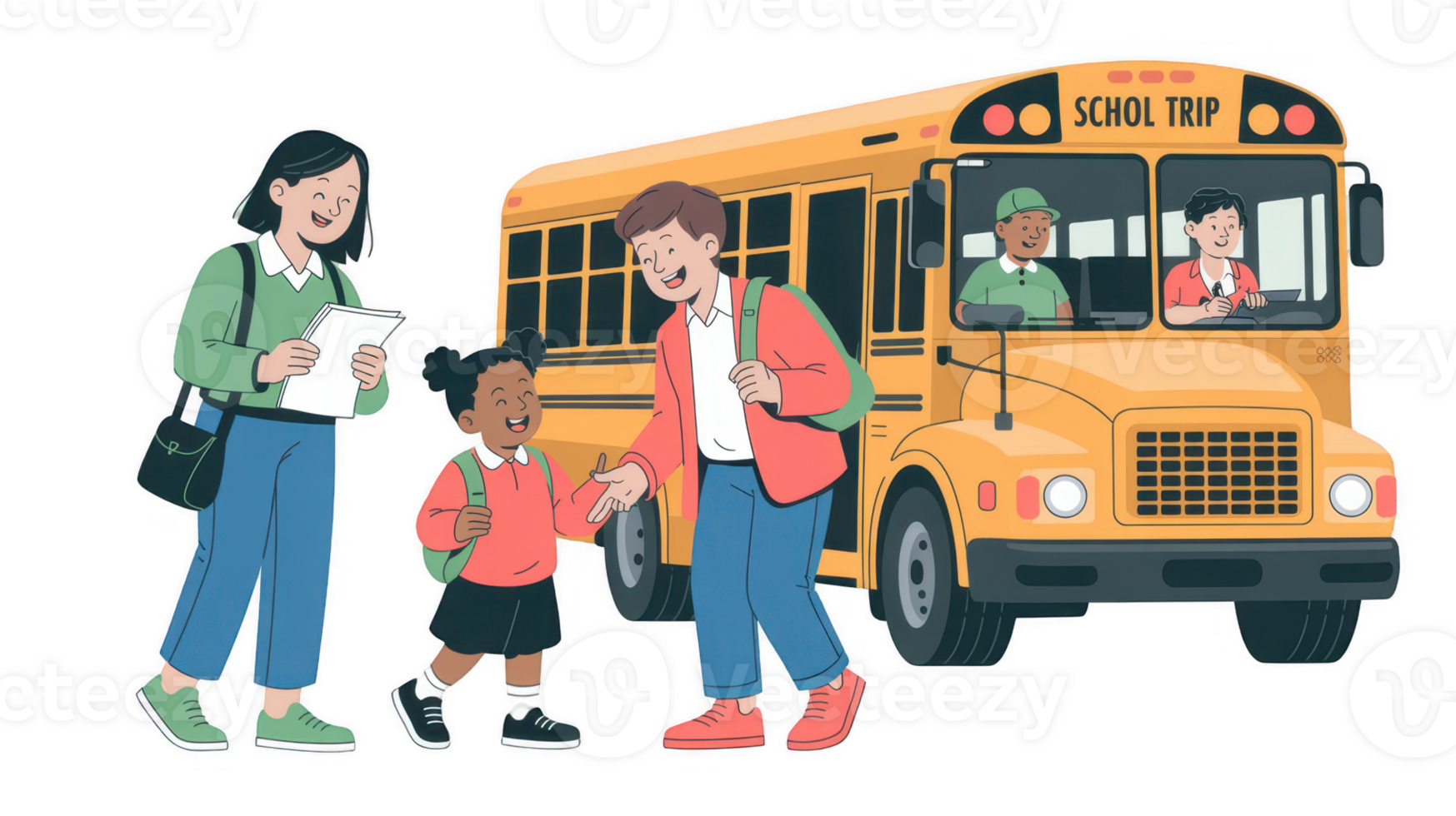 Parents and teachers meeting children getting off school bus on transparent background png