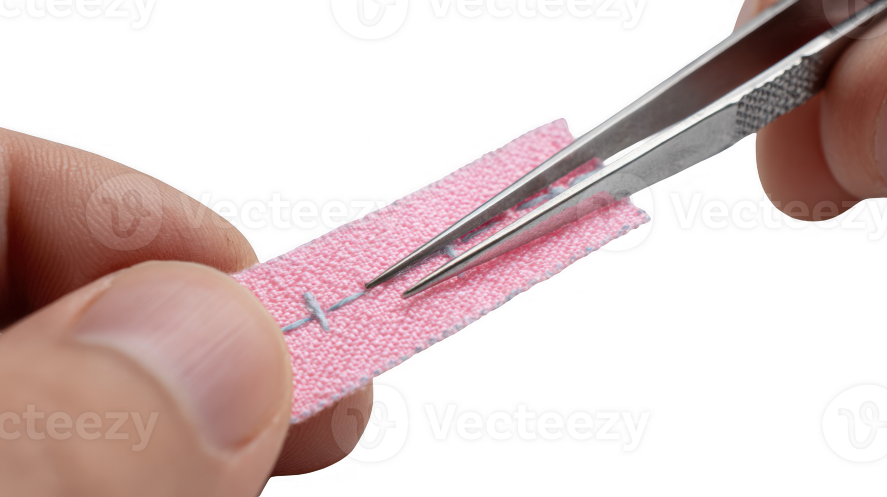 Tailor using tweezers is removing stitches from pink fabric on transparent background png