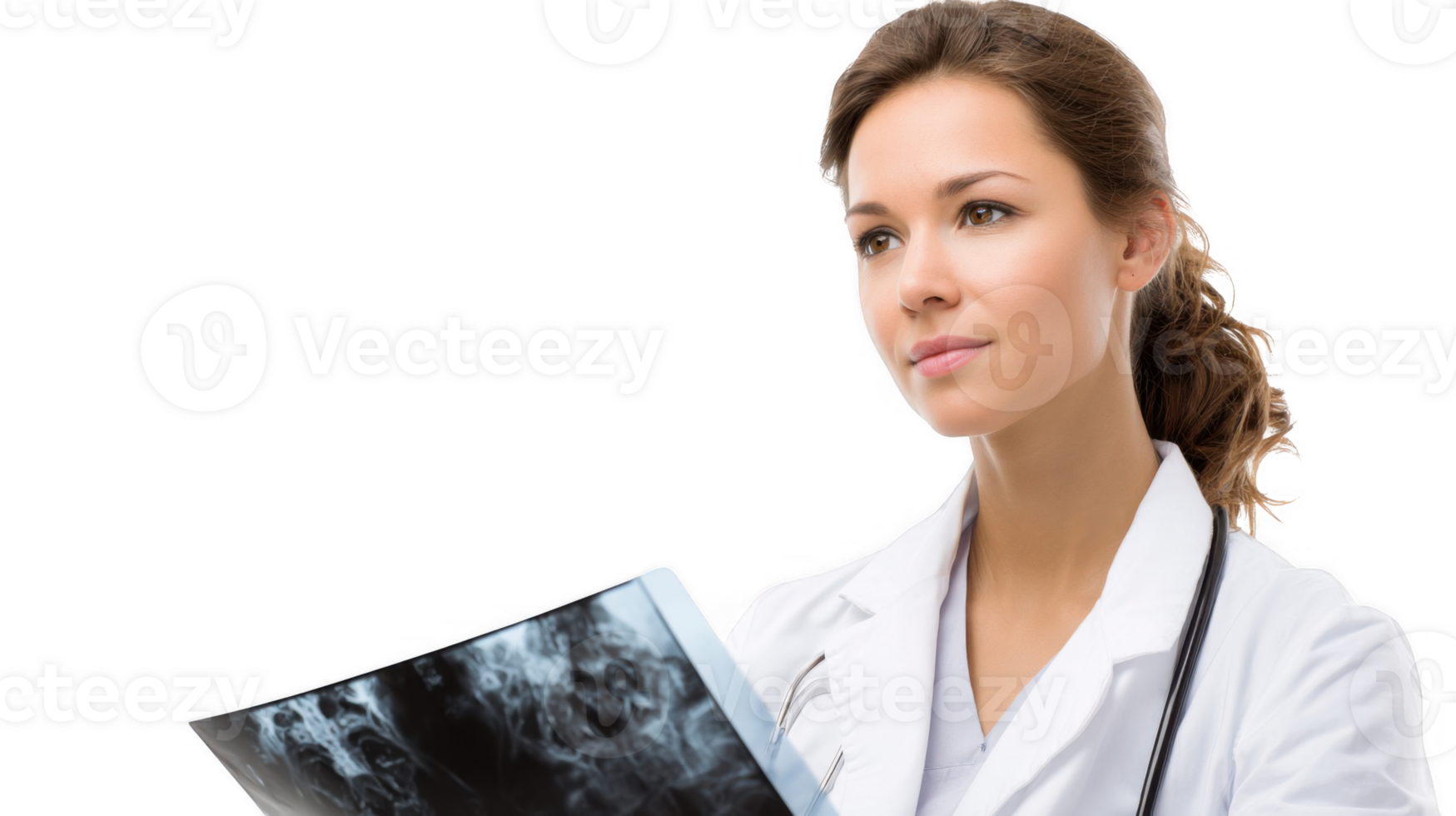 Female doctor reviewing medical scan with transparent background png