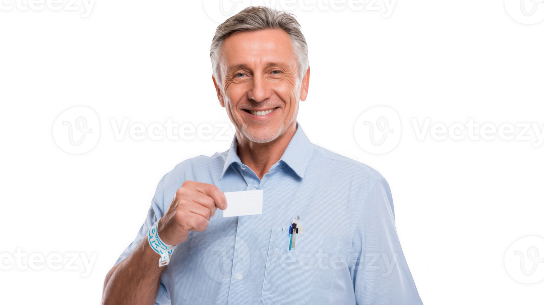 Smiling senior technician showing business card with transparent background png