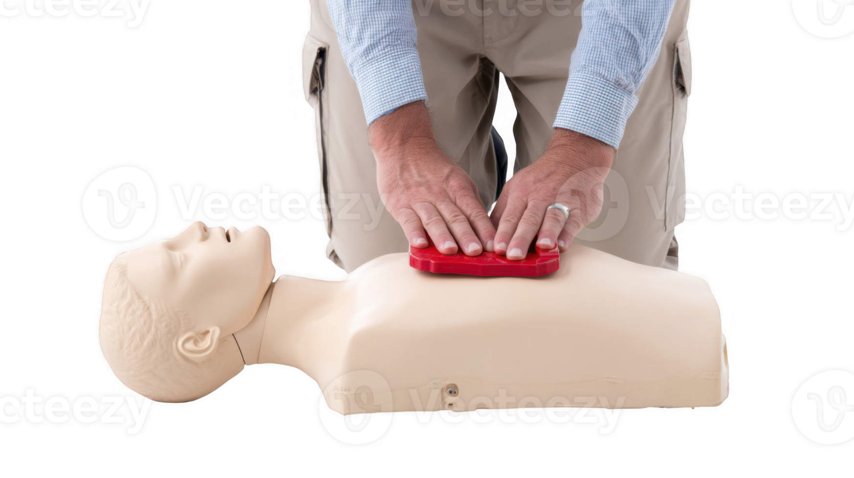 Instructor performing cpr chest compressions on transparent background png