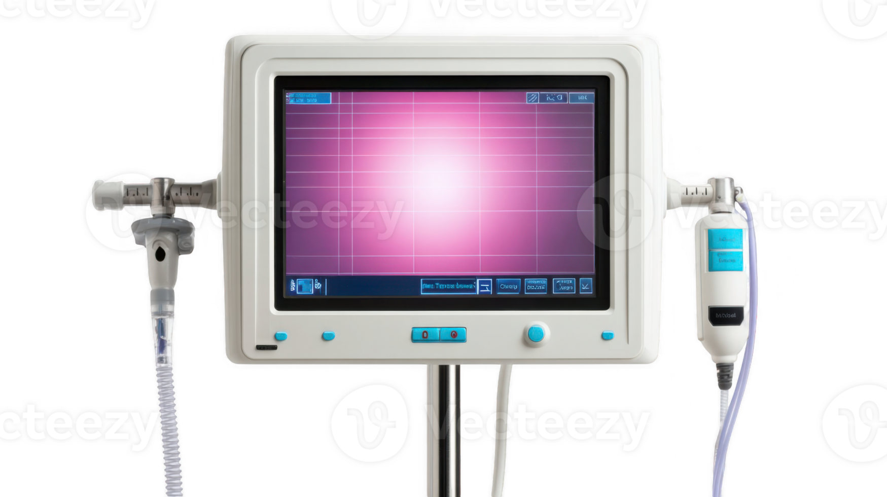 Colonoscopy monitor displaying pink screen with medical equipment and transparent background png