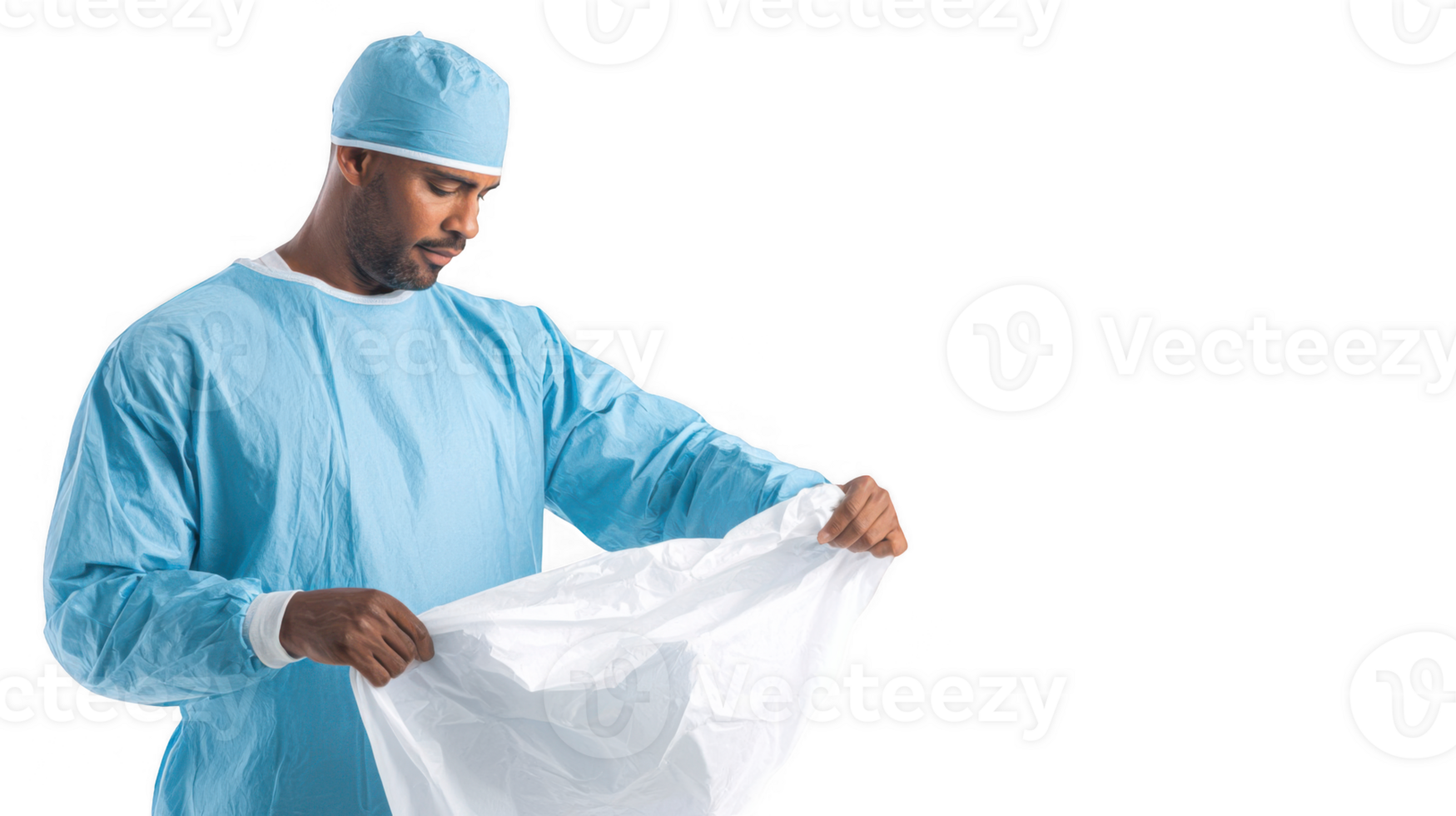 Surgeon lifting sterile drape on transparent background png