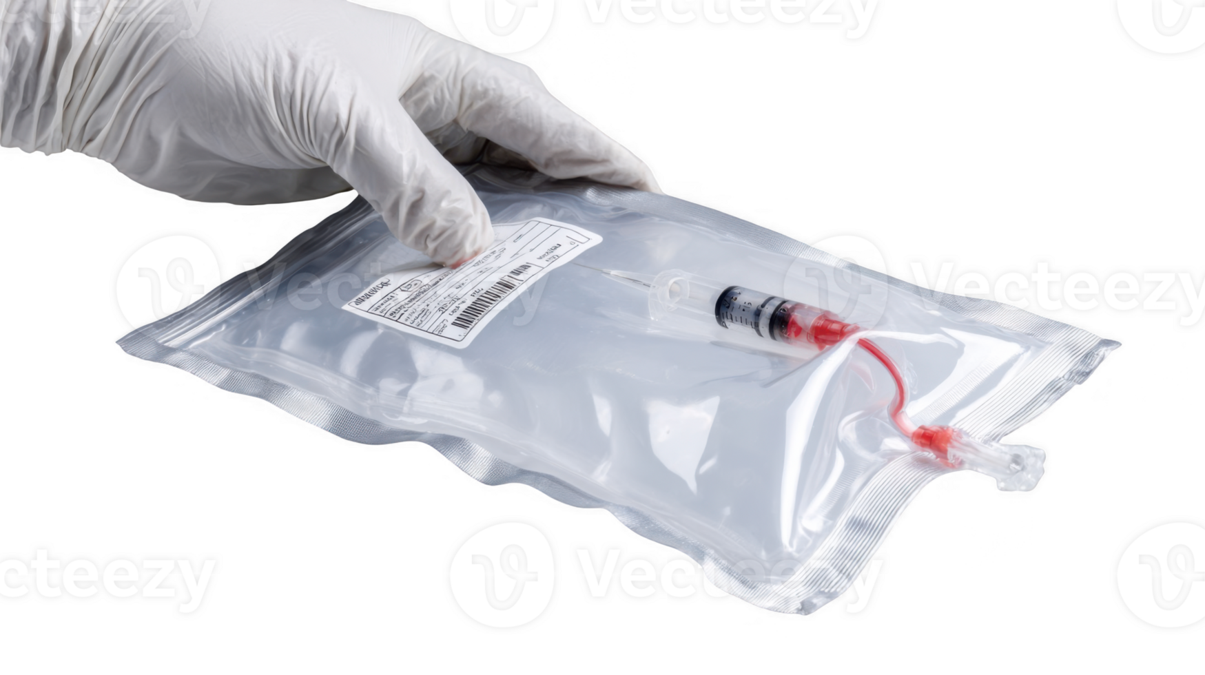 Scientist holding saline bag with syringe and red liquid on transparent background png