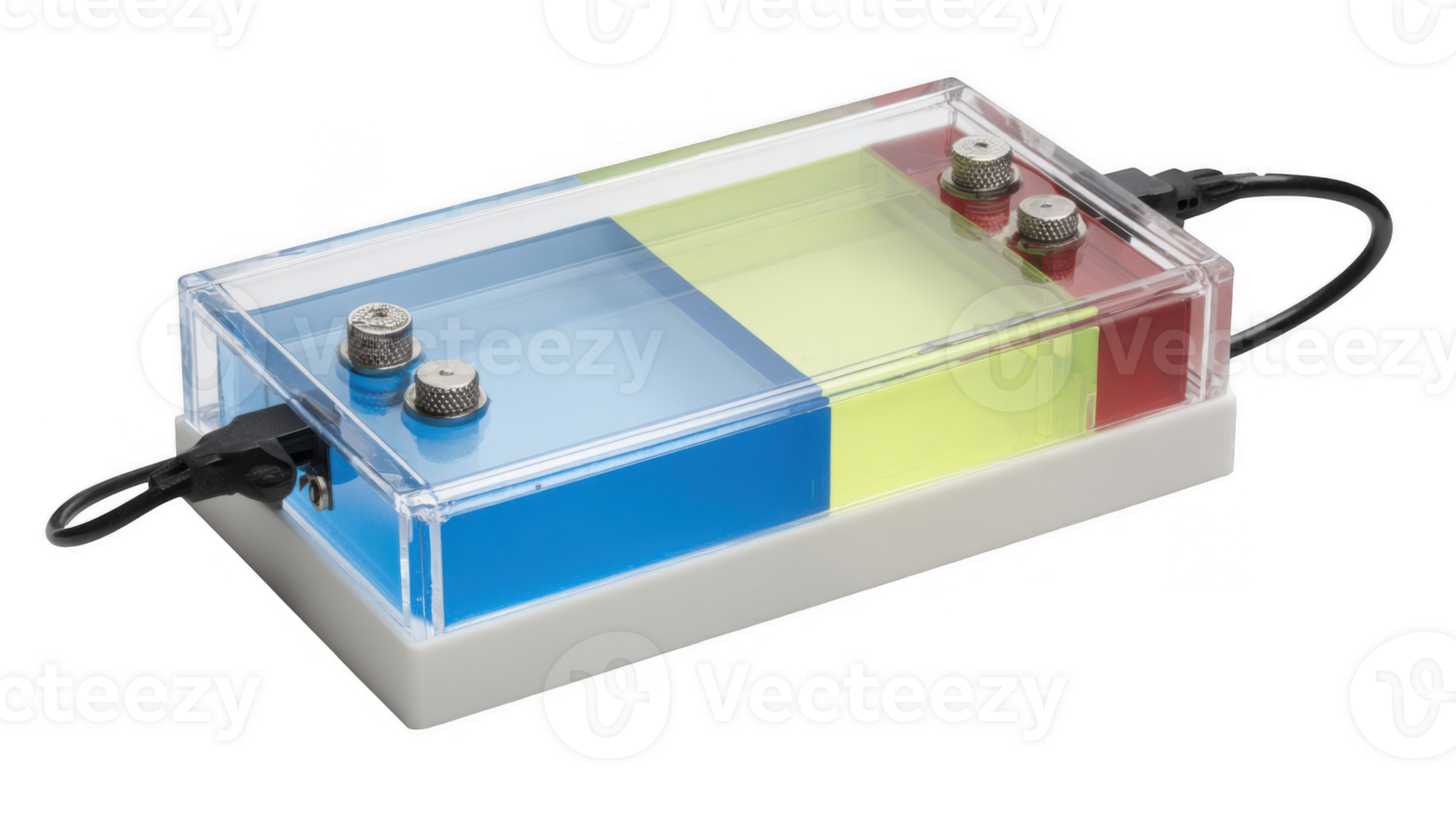 Gel electrophoresis apparatus with colorful liquids conducting electricity png