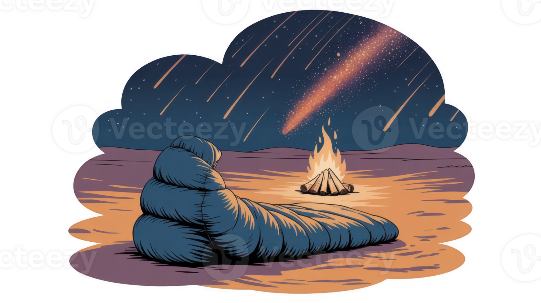 Camper observing meteor shower while camping in desert with bonfire png