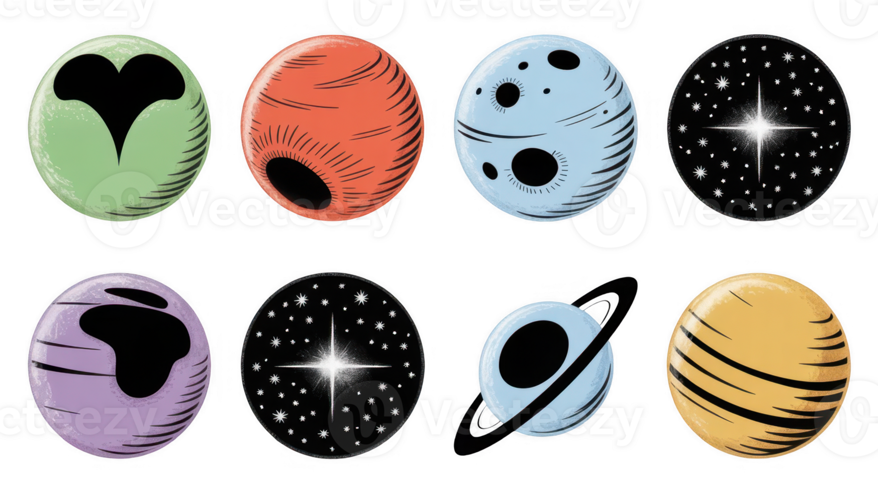 Set of colorful planets and stars floating on transparent background png