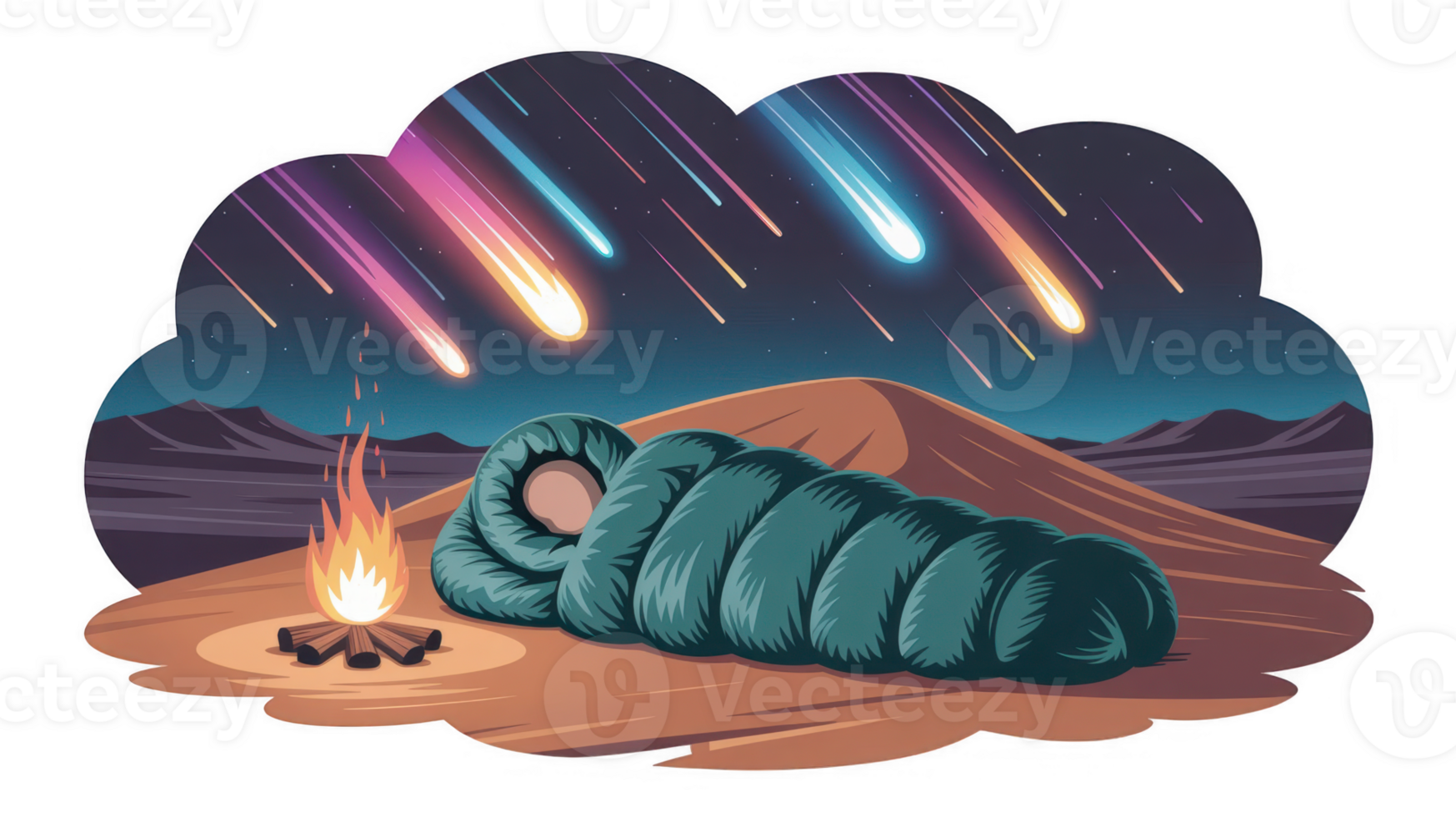 Camper sleeping in a sleeping bag watching falling stars in the desert near a bonfire png