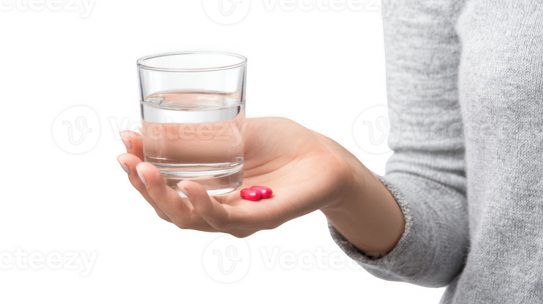 Woman holding glass of water and pills on transparent background png
