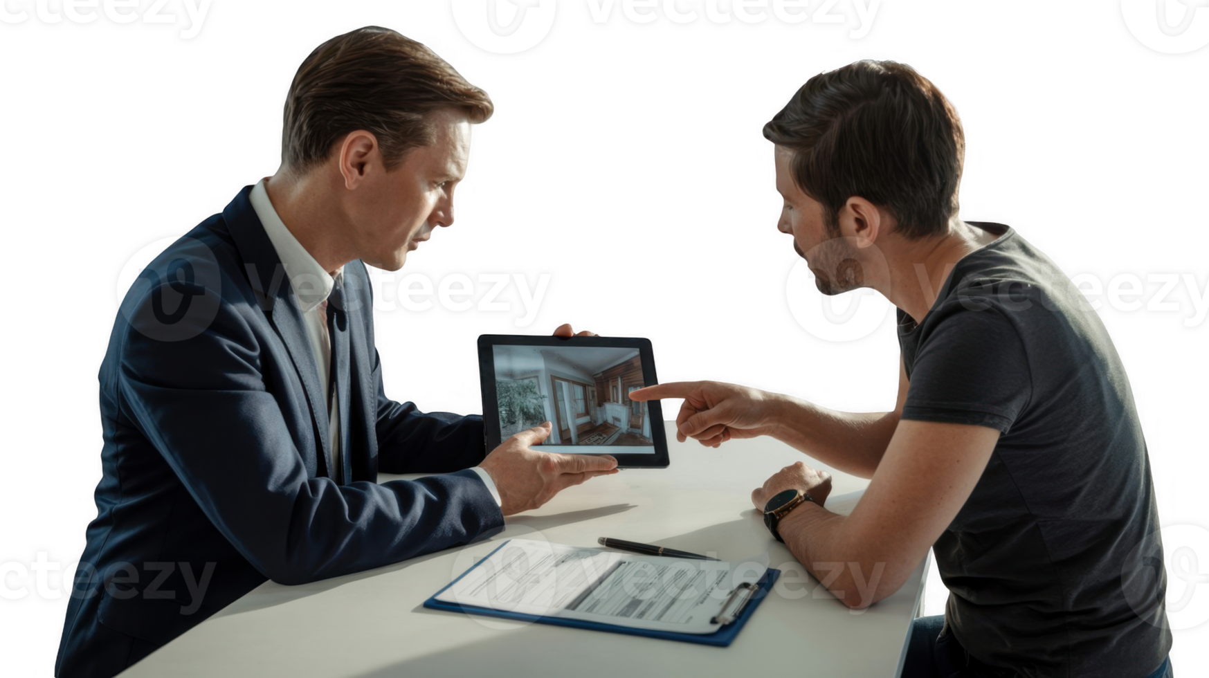 Real estate agent showing property photos on tablet with transparent background png