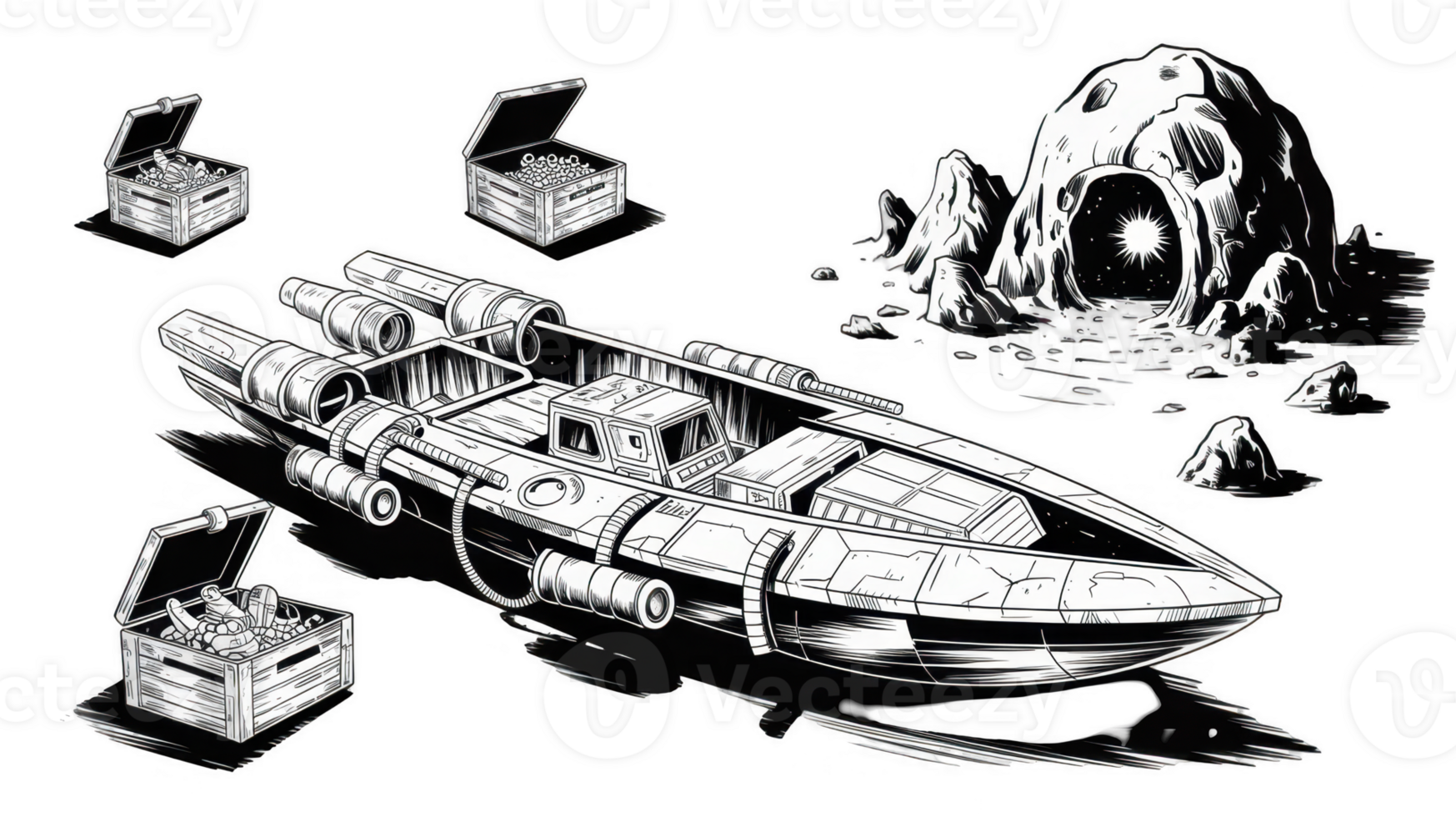 Spaceship exploring alien planet and discovering treasure chests on transparent background png