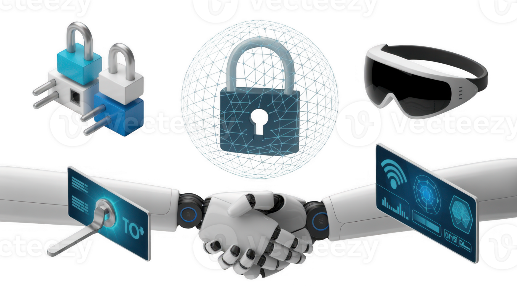 Robots shaking hands with digital security icons on transparent background png