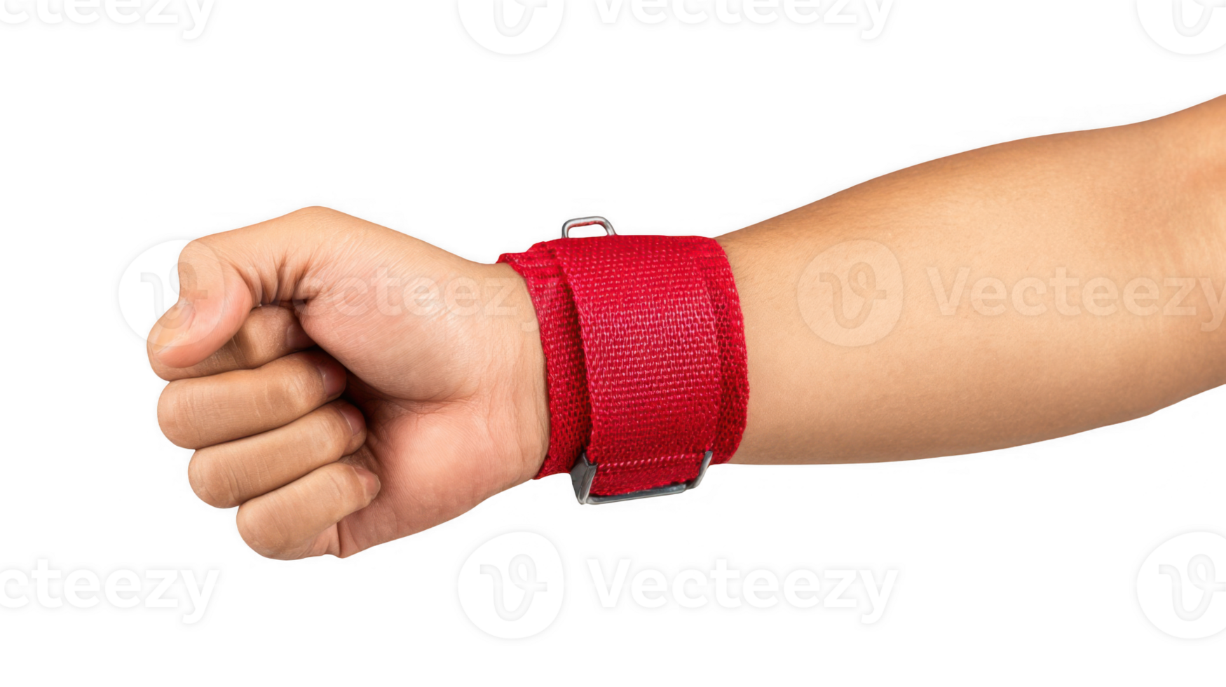 Bodybuilder wearing red wrist wrap making fist on transparent background png