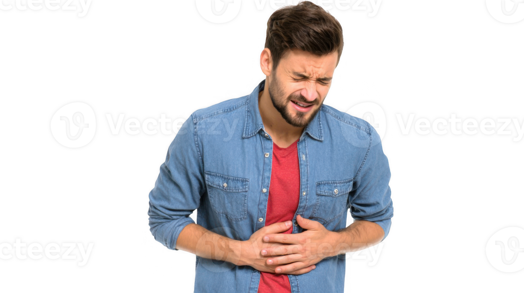 Handsome man suffering from stomach ache on transparent background png