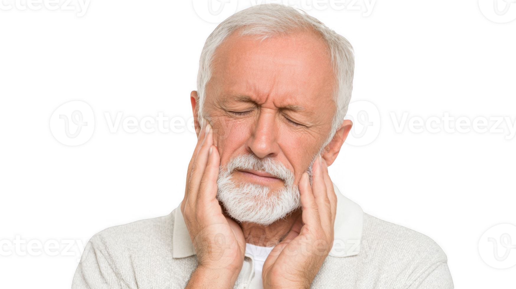 Senior man suffering from toothache on transparent background png