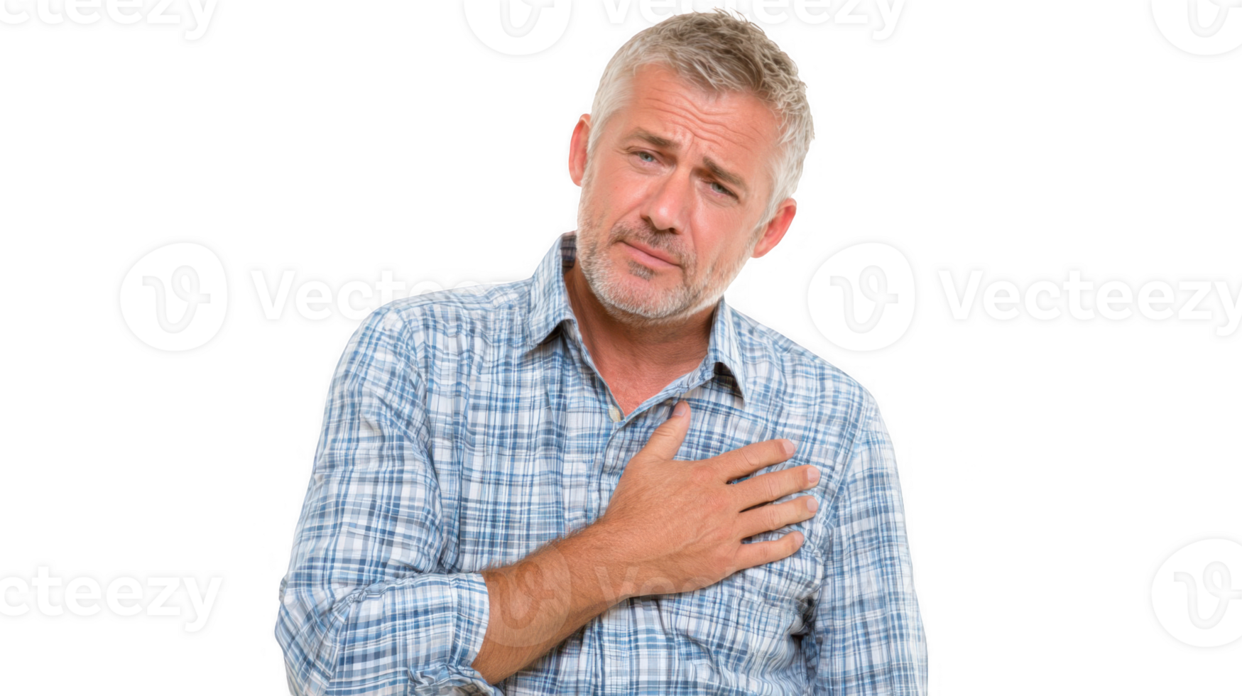 Mature man suffering from chest pain on transparent background png