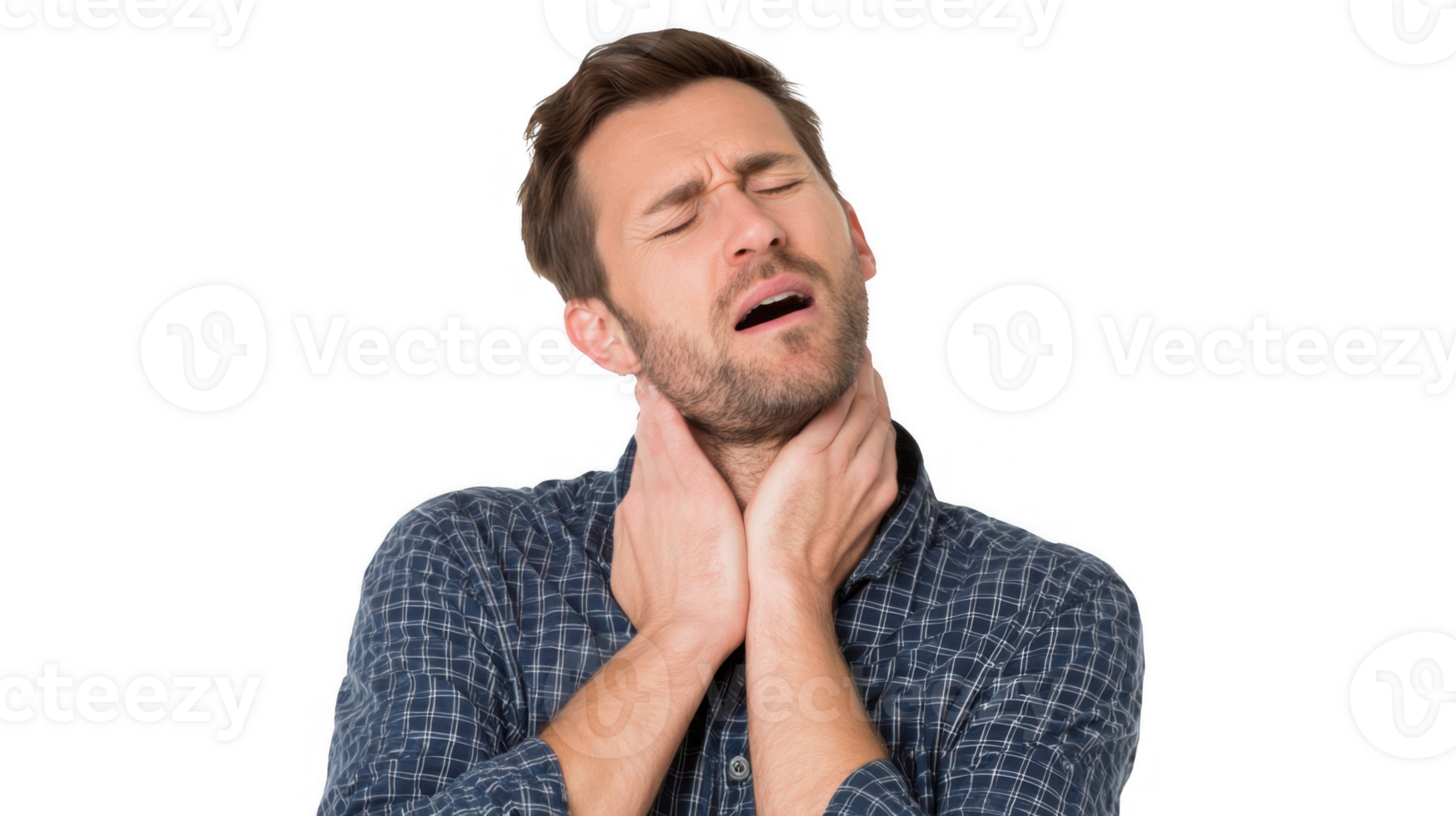 Man suffering from sore throat touching neck with transparent background png
