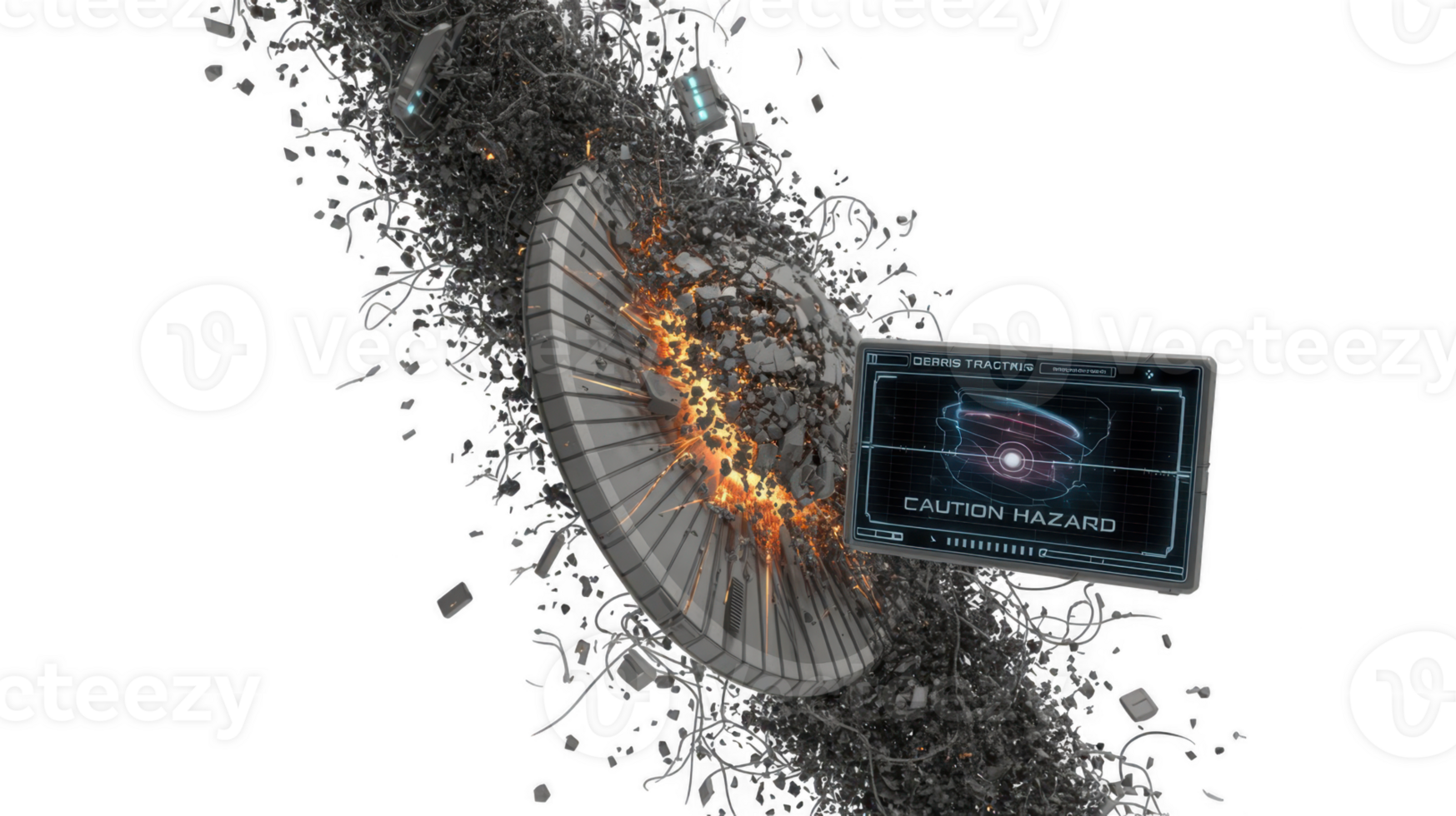 Spaceship exploding in space debris trajectory with caution hazard warning on transparent background png